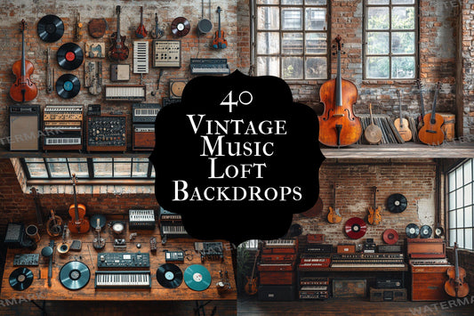 Vintage Music Loft Backdrops, Artistic Backdrops for Bohemian and Retro-Inspired Photography & Photoshop -