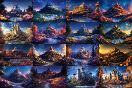 Hilltop Fairytale Castle Backdrops PNGs for Storybooks, Fairytale, Magical Backgrounds, Fantasy Landscape Photoshop Backdrops, Magic Hill