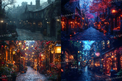 Wizard's Alley Backdrops, Magical Marketplace Scenes, Enchanted Shopfronts, Mystical Street Paths, Fantasy Digital Backgrounds
