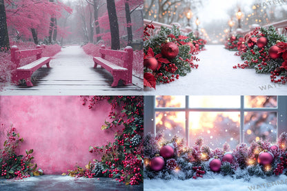 Fuchsia Outdoor Christmas Backdrops | Digital Winter Wonderland Scenes | Holiday Photography Backgrounds - Pink Christmas Backgrounds