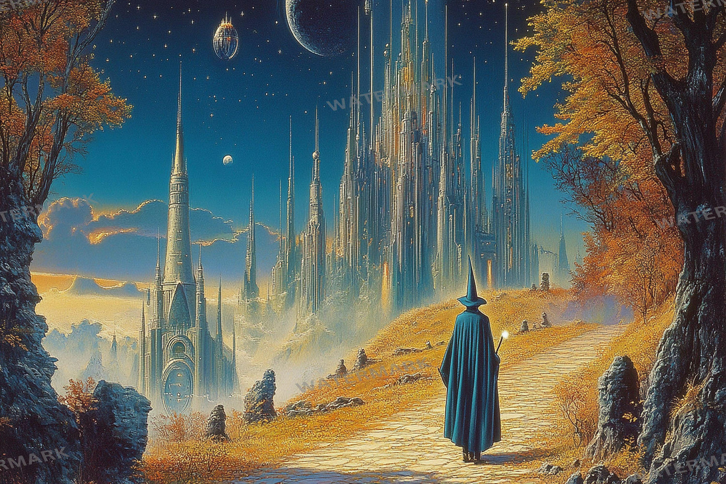 Wizard Walk digital backdrop, 16:9 ratio. Magical forest path with glowing lights and ancient ruins, perfect for streaming or TV wallpaper