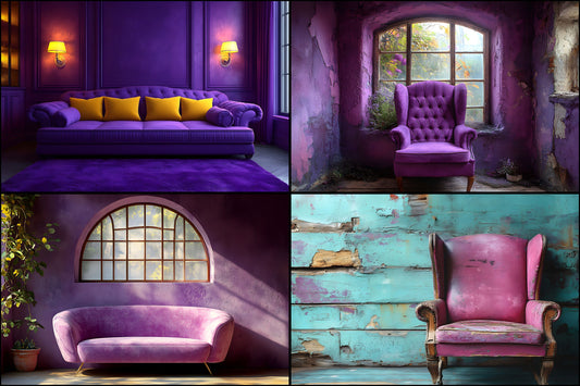 Purple Vintage Room Digital Backdrop, Photography Background, Dreamy Portrait Scene, High-Resolution Download, Artistic Photo Overlays