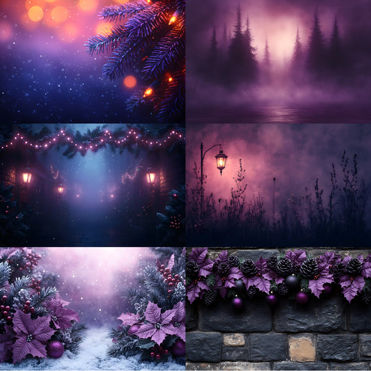 Gothic Purple Christmas Backdrop Set, Fantasy Holiday Backgrounds, Dark Festive Digital Backdrops for Photography, Printable Xmas Photo Booth Props