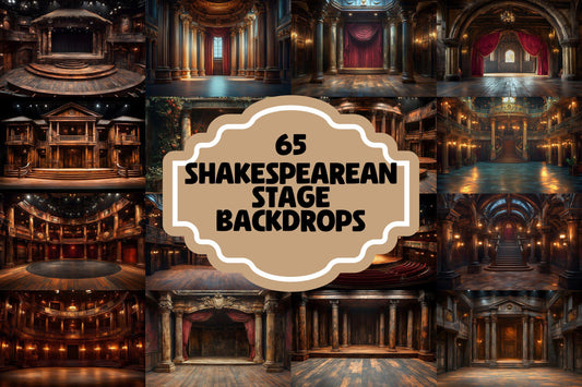 Shakespearean Stage Backdrops - Vintage Theatrical, Dramatic Play Scene, Regal Digital Backgrounds