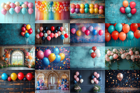 Luxury Balloon Backdrop: 3PNGs for Elegant Celebration Party Decor, Festive Birthday Anniversary Photos, Gold Silver Digital Backdrops