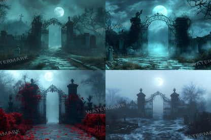 Spooky Graveyard Gate Backdrop | Gothic Digital Background | Halloween Photography Scene
