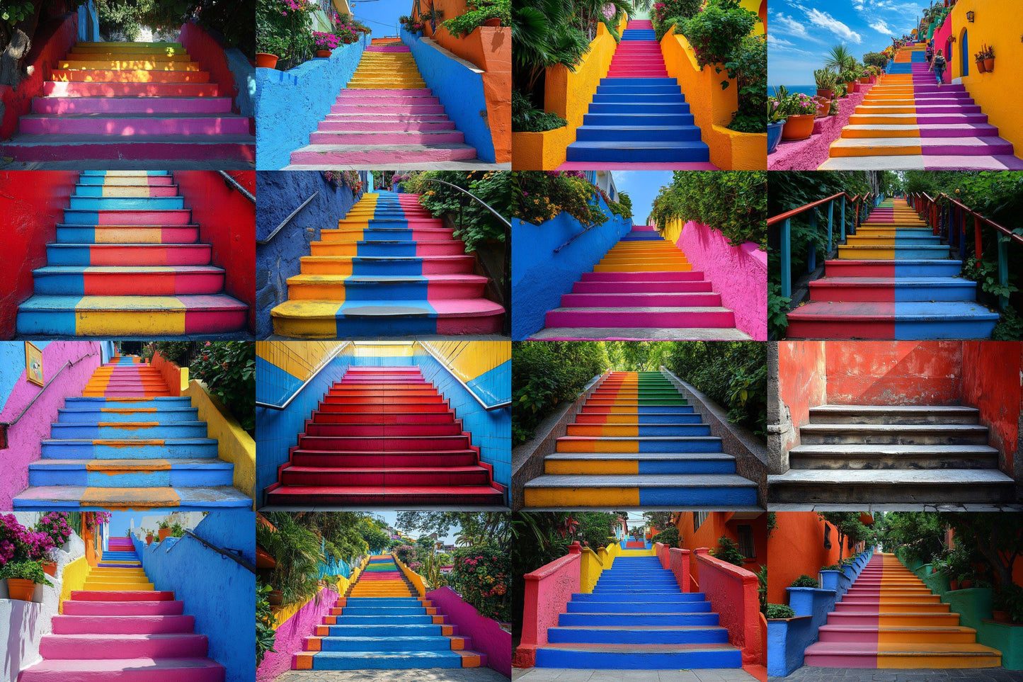 Colorful Urban Stairs Digital Backdrops for Photography & Photoshop Composites | Vibrant Steps Digital Backgrounds and Overlay Scenes