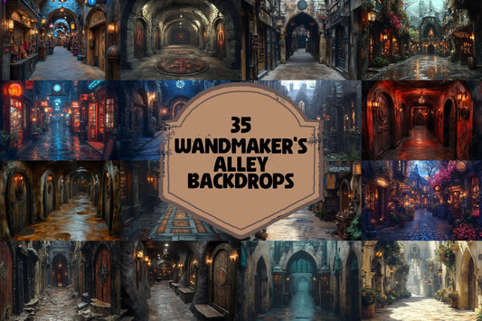 Wandmaker���������s Alley Backdrops for Fantasy Photography, Magical Vintage Street Digital Backgrounds, Enchanted Event Decor Designs