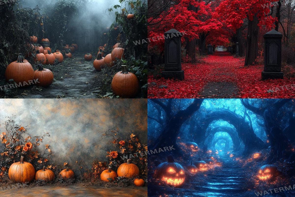 Halloween Forest Scene Photography Backdrops - 4High-Resolution PNG Backgrounds for Photoshop - Master Overlay for Creative Photo Editing