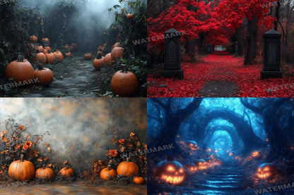 Halloween Forest Scene Photography Backdrops - 4High-Resolution PNG Backgrounds for Photoshop - Master Overlay for Creative Photo Editing