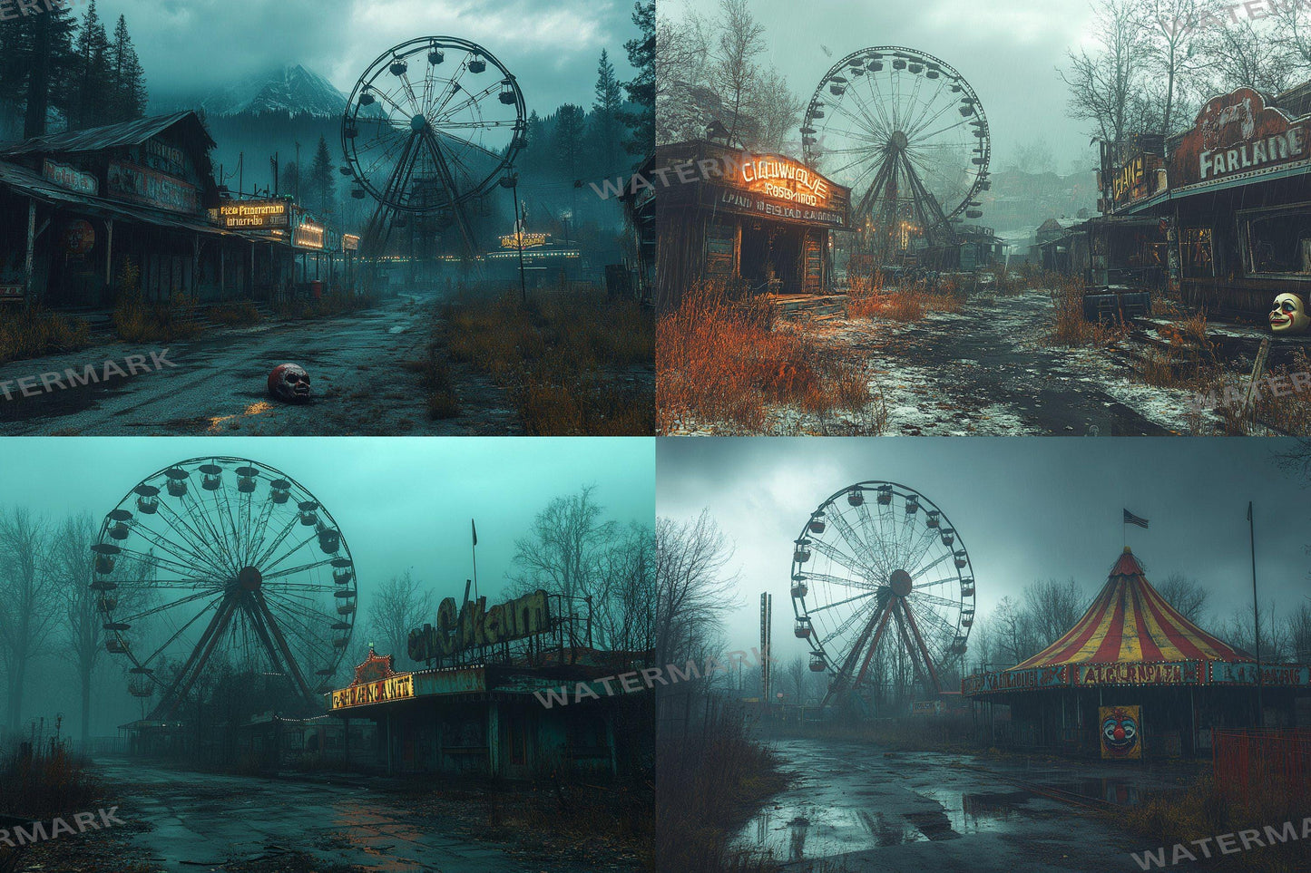 Eerie Abandoned Carnival Backdrop: 4PNGs for Unique Commercial Photography, Spooky Themed, Dark Artistic Digital Backdrops