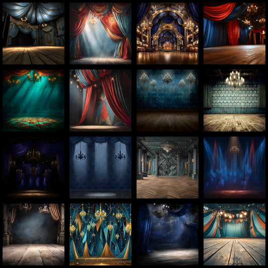 Theater Stage Backdrop with Chandeliers, Elegant Photography Background, Digital Download for Stunning Portraits, Square Format Image Set