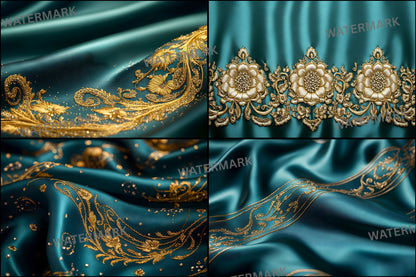 Teal Gold Embroidered Satin Digital Backdrop, Luxury Photo Background, Elegant Portrait Photography, Wedding, Newborn, Images