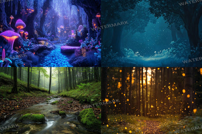 Fairy Forest digital backdrop, 16:9 ratio. Magical glowing forest with fireflies and soft light, perfect streaming background