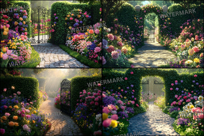 Whimsical Flower Garden Digital Backdrop, Lush Floral Backgrounds, Photography, Fantasy Photo Overlays, Springtime Scene