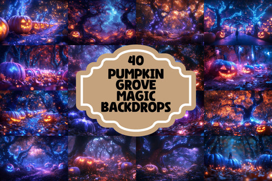 Pumpkin Grove Magic Backdrops, Spooky Halloween Digital Backgrounds, Jack-o���������-Lantern Night Scene, Fantasy Autumn PNG Photoshop Overlay