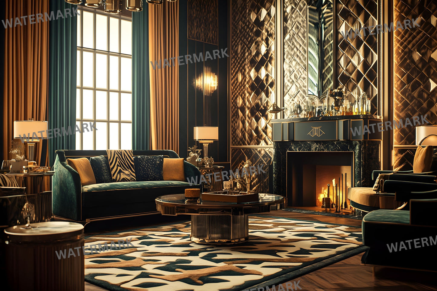 Art Deco Living Room Digital Backdrop, Elegant Interior Background for Photography, Virtual Photo Studio, Zoom Meeting, and Creative Composites