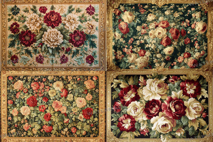 Baroque floral tapestry digital backdrops, ornate PNG overlays, vintage fabric photo backgrounds, classical photography composite scenes