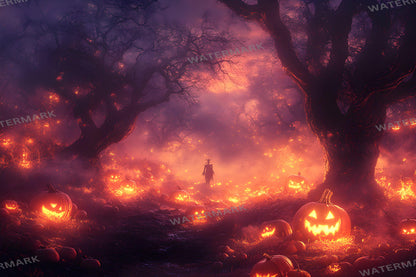 Pumpkin Field Curse Backdrops, Spooky Halloween Digital Backgrounds, Haunted Jack-O'-Lantern Scene, Dark Fantasy Horror Aesthetic