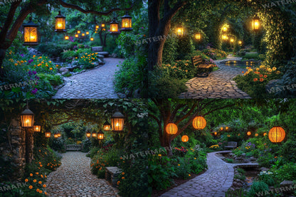 Hidden Lantern Garden Backdrop: PNGs for Enchanting Night Photography, Magical Forest Lantern Scenes, Serene Secret Garden Backdrop