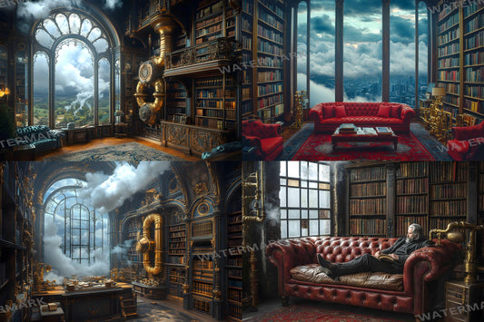 Steampunk Library Charm Backdrops | Vintage Study | Steampunk Bookshelves | Gothic Reading Nook | Digital Backgrounds