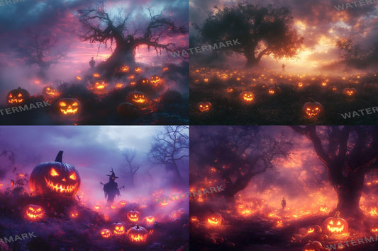 Pumpkin Field Curse Backdrops, Spooky Halloween Digital Backgrounds, Haunted Jack-O'-Lantern Scene, Dark Fantasy Horror Aesthetic