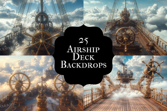 Steampunk Airship Deck Backdrops, Fantasy Sky Digital Backgrounds, Victorian Vehicle Scenes, Scrapbooking - Steampunk Backgrounds