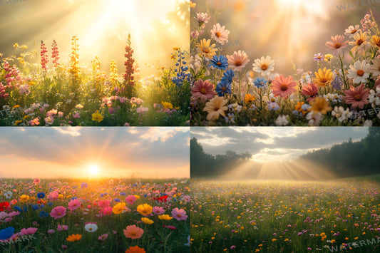 Wildflower Sunrise Digital Backdrops - Golden Hour Meadow Backgrounds, Nature Landscape Photography Overlay - Floral Photoshop Composites