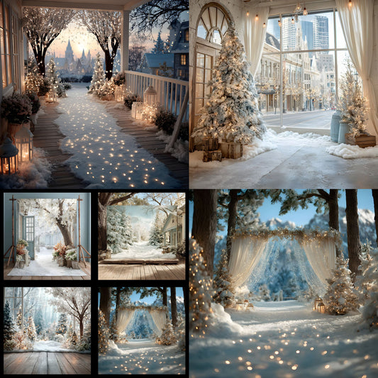 White Gold Christmas Backdrop, Snowy Outdoor Scene Photography Background, Holiday Photo Booth Prop, Winter Wonderland Digital Image for Portraits