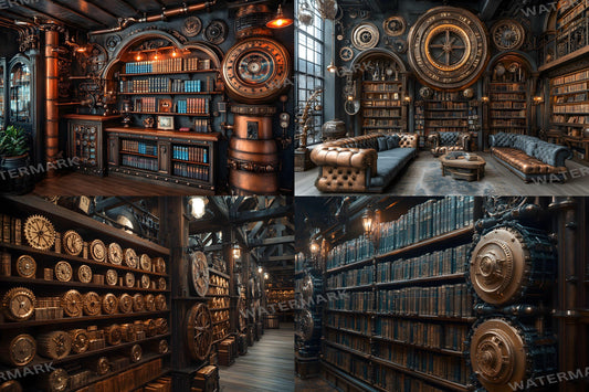 Copper Library Backdrops, Vintage Bookshelf Cozy Study Digital Background, Steampunk Reading Nook Photo Booth Prop, Antique Book Scene