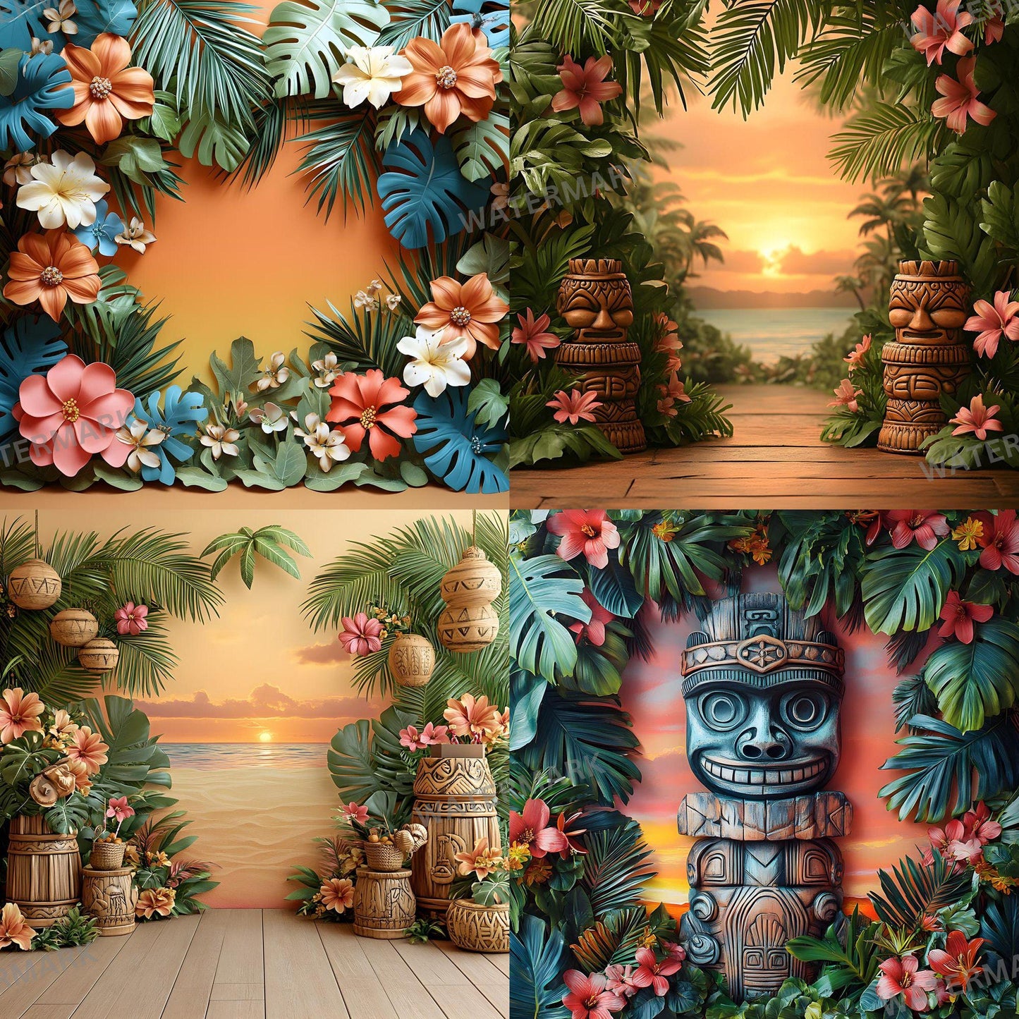 Tropical Luau Backdrops - Vibrant Beach & Palm Tree Digital Backgrounds for Summer Photography - Tropical, Hawaii, Studio Backgrounds