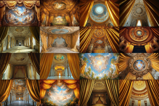 Baroque Regal Fresco Digital Backdrops, Grand Palace Ceiling Photography Backgrounds, Ornate Royal Interior - Baroque Luxury Room