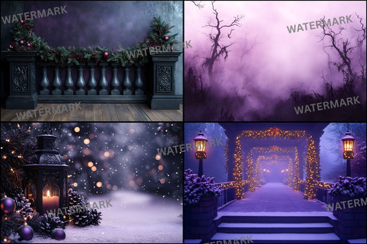 Gothic Purple Christmas Backdrop Set, Fairytale Holiday Backgrounds, Dark Winter Photography, Fantasy Xmas Digital Backdrops, Photo Booth