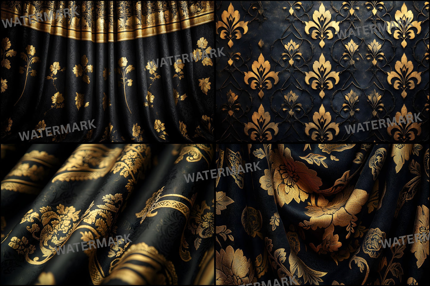 Black Gold Brocade Curtains Digital Backdrop, Elegant Photography Background, Luxury Portrait Photo Booth, Printable Fabric Texture, Ratios