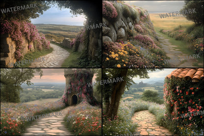 Wildflower Castle Backdrop, Wall View Digital Backgrounds, Fantasy Photography, Images, Enchanted Scene, Dreamy Photo Overlays