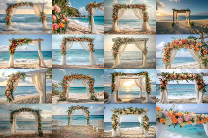 Beachfront Bliss Backdrops, Digital Tropical Wedding Background, Seaside Ocean Photo Booth Prop, Summer Coastal Photography Scene Assets