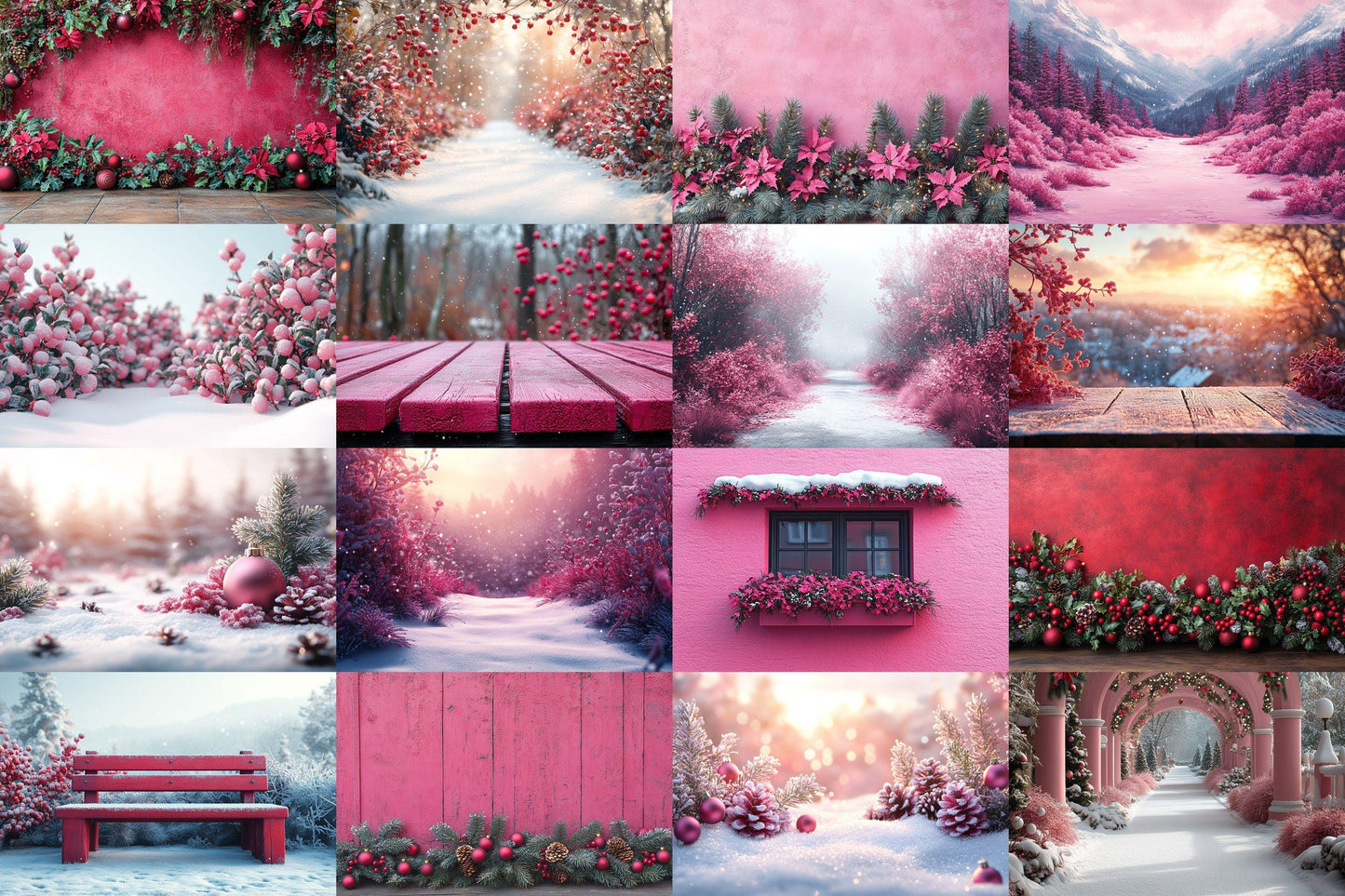 Fuchsia Outdoor Christmas Backdrops | Digital Winter Wonderland Scenes | Holiday Photography Backgrounds - Pink Christmas Backgrounds
