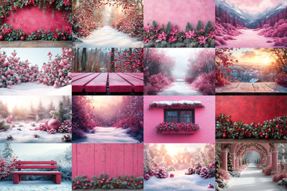 Fuchsia Outdoor Christmas Backdrops | Digital Winter Wonderland Scenes | Holiday Photography Backgrounds - Pink Christmas Backgrounds