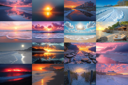 Beach Sunrise Backdrop: 19PNGs for Coastal Ocean Dawn Photography, Tropical Golden Hour Shore Scenes, Seaside Morning Digital Backdrops