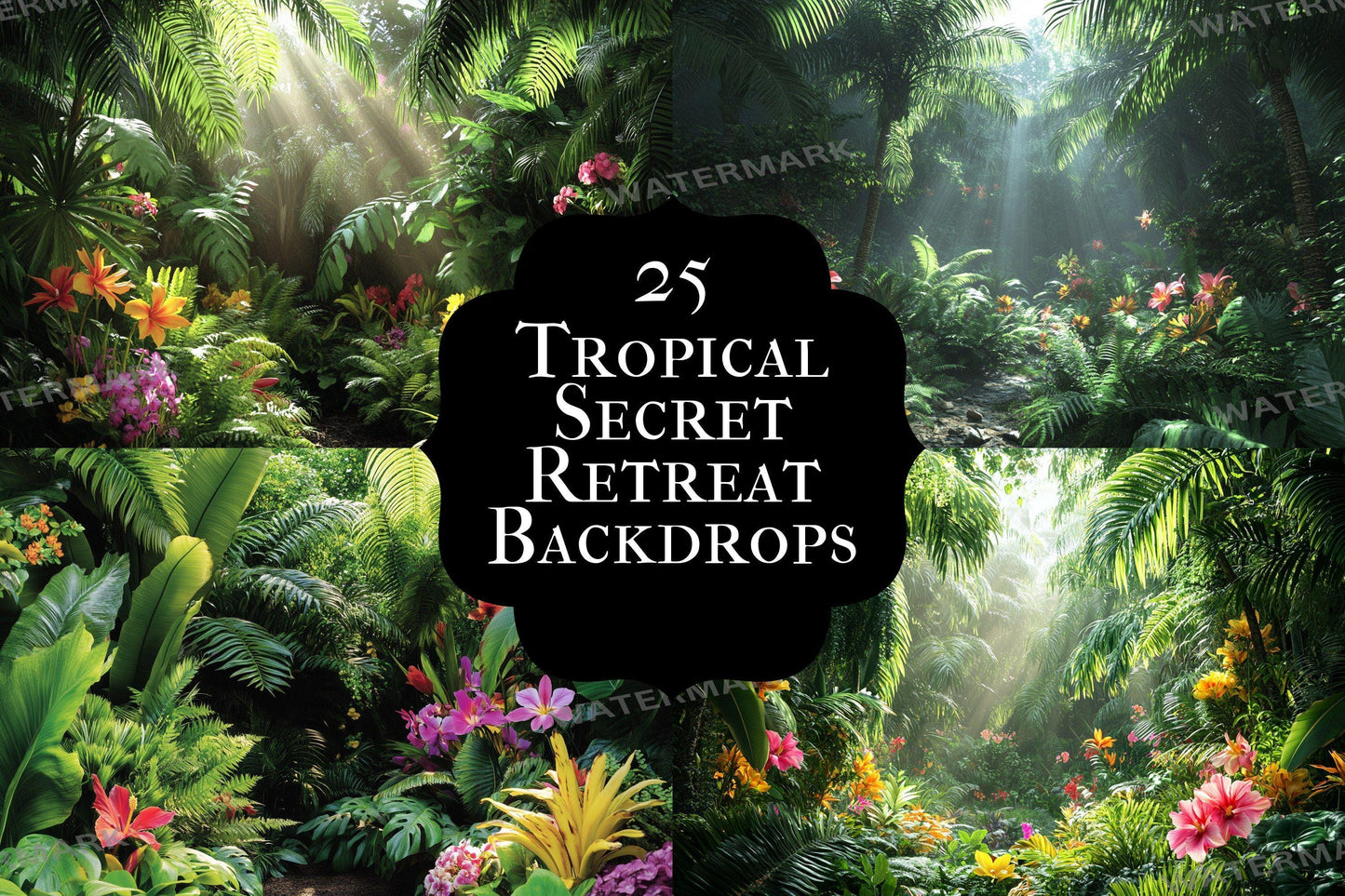 Tropical Secret Retreat Backdrop: PNGs for Exotic Island Photo Editing, Hidden Jungle Paradise Scenes, Lush Summer Digital Backdrops.