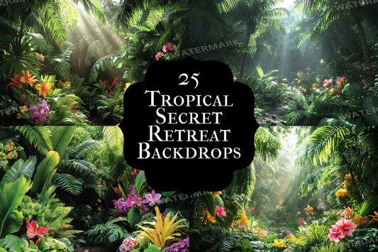 Tropical Secret Retreat Backdrop: PNGs for Exotic Island Photo Editing, Hidden Jungle Paradise Scenes, Lush Summer Digital Backdrops.