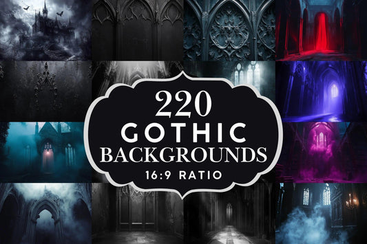 Gothic digital backdrop, 16:9 ratio. Dark, eerie architecture with a haunting atmosphere, perfect for TV wallpaper or streaming backgrounds