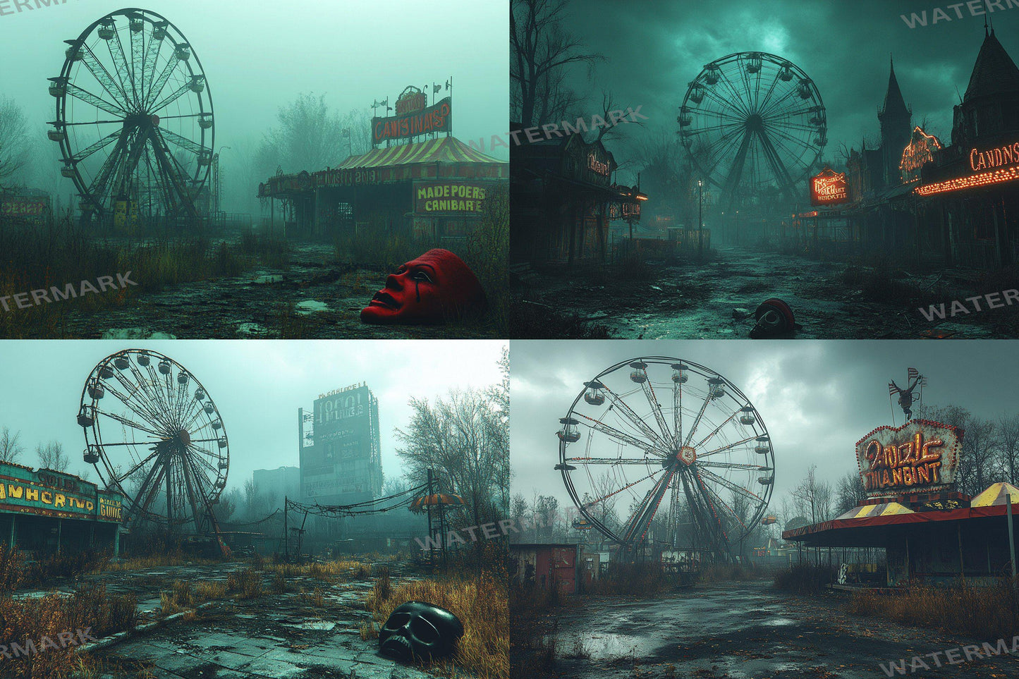 Eerie Abandoned Carnival Backdrop: 4PNGs for Unique Commercial Photography, Spooky Themed, Dark Artistic Digital Backdrops
