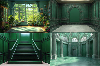 Royal Green Interior Digital Backdrop Collection, Photography Backgrounds, Elegant Home Photo Overlays, High-Resolution Images for Composites