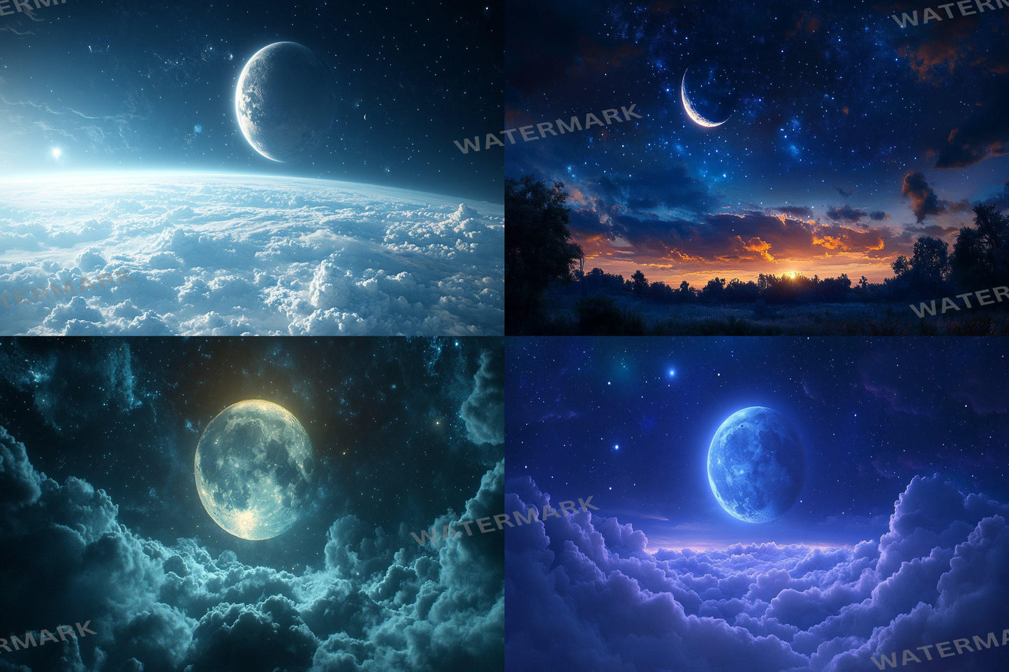 Celestial Moons digital backdrop, 16:9 ratio. Beautiful moons in a starry sky, perfect for TV wallpaper or streaming background