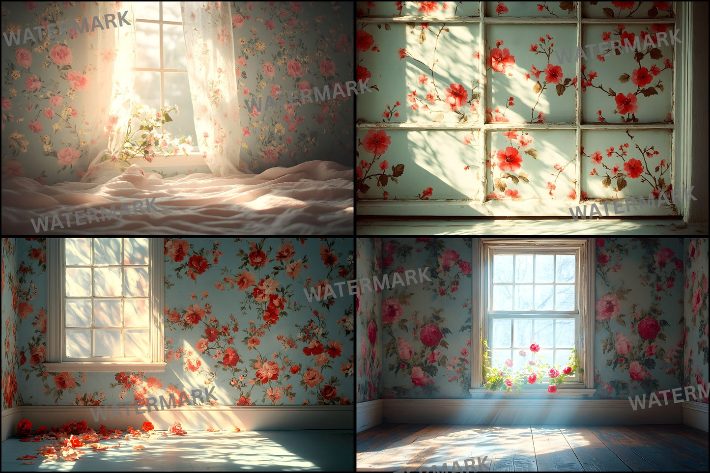 Floral Vintage Wallpaper Digital Backdrop, Shabby Chic Photography Background, Antique Flower Portrait Photo Booth, Images
