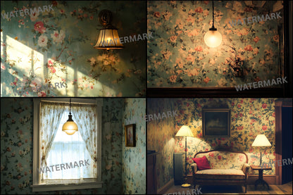 Vintage Wallpaper Room Digital Backdrop, Photography Backgrounds, Antique Interior Photo Prop, High-Res Image for Photographers
