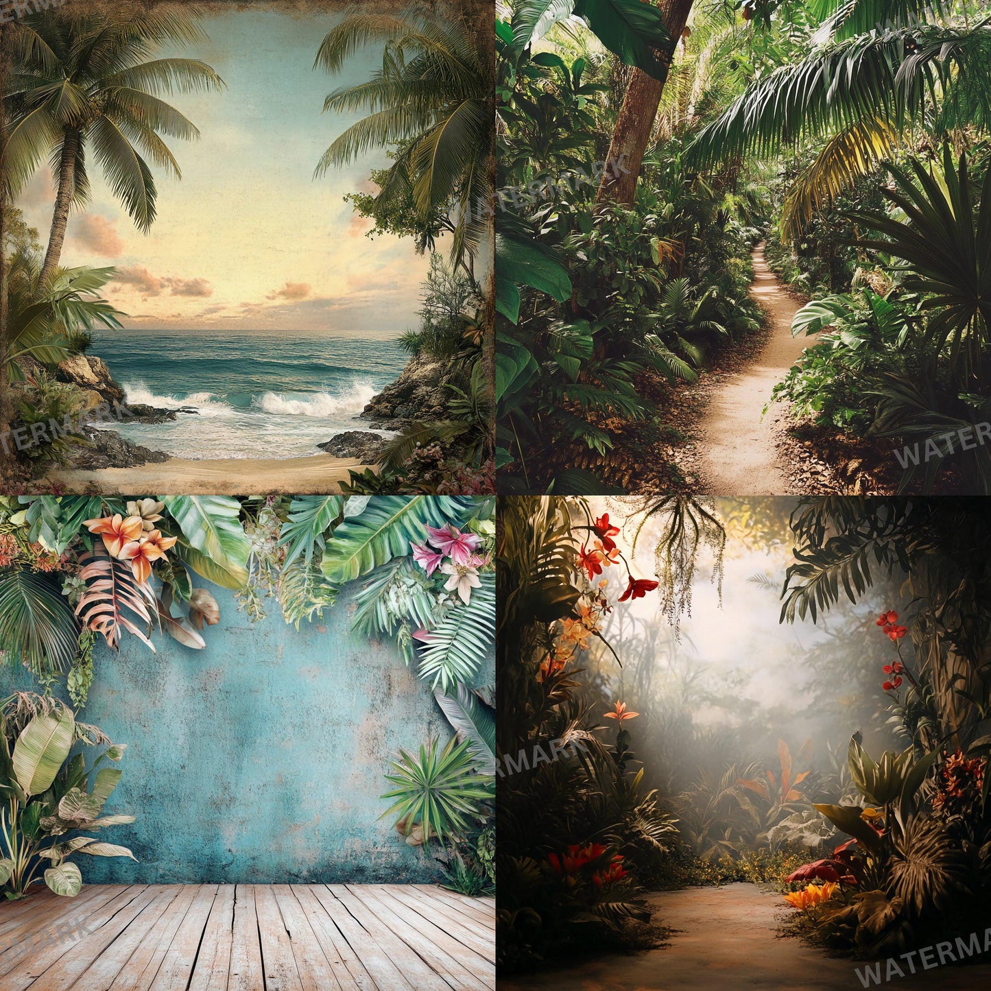 TROPICAL PHOTOGRAPHY BACKDROPS Digital Backgrounds for Photography, Bright Colorful Beaches, Palm Trees, Oceans & Floral Scene Overlays