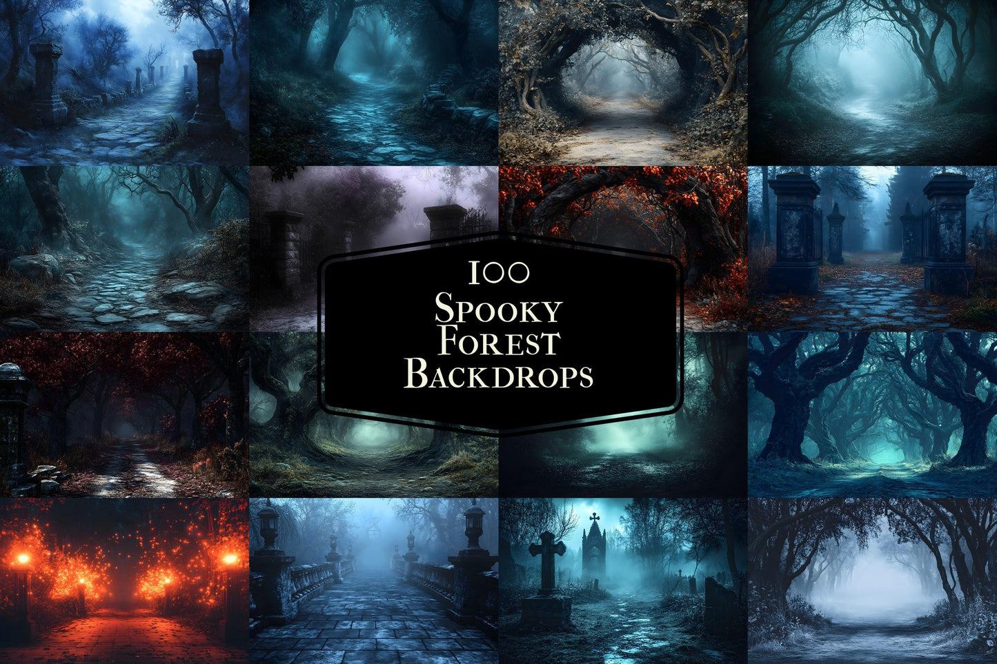 Spooky Forest Backdrops, Haunted Forest Backgrounds, Halloween Digital Scenes for Photoshop, Eerie Photography Overlays