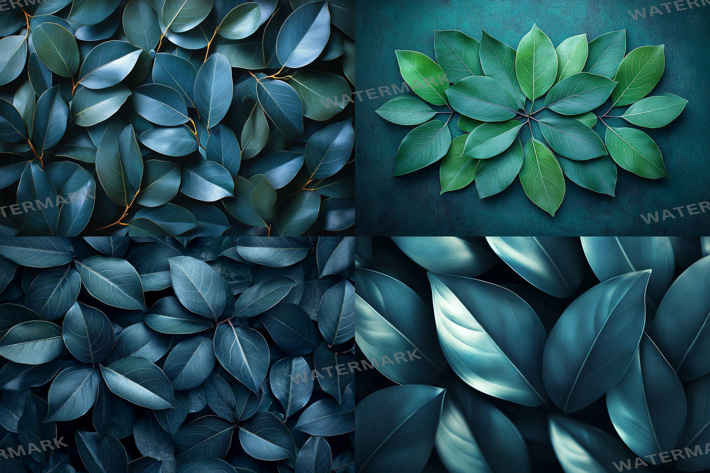 Ficus Leaves Digital Backdrops: 4Green Botanical Nature Textures for Photography & Tropical Art - Leafy Green Textured Backgrounds